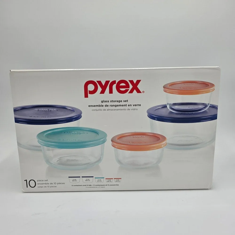 Pyrex 10 Piece Glass Food Storage Set Round Containers with Lids Multi Color